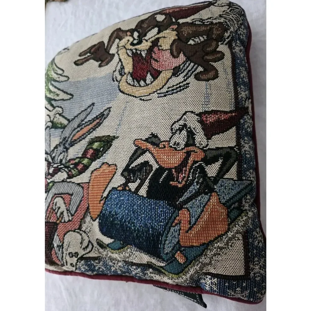 Vinrage Looney Tunes Christmas Tapestry Pillow Woven Warner Bros Rare 1998